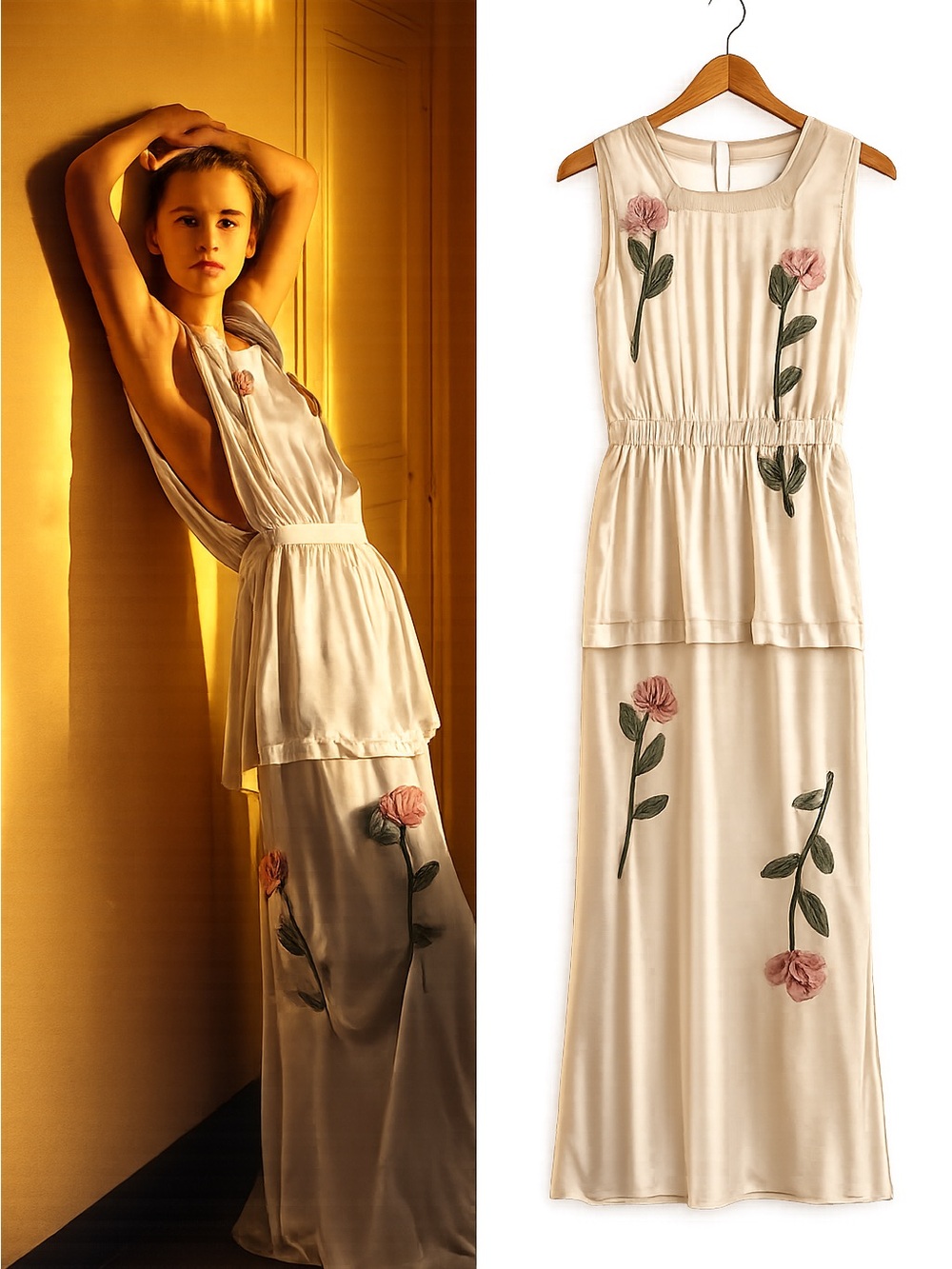 NWT SOLD OUT Zara Cream Midi Dress with Pink Floral Embroidery